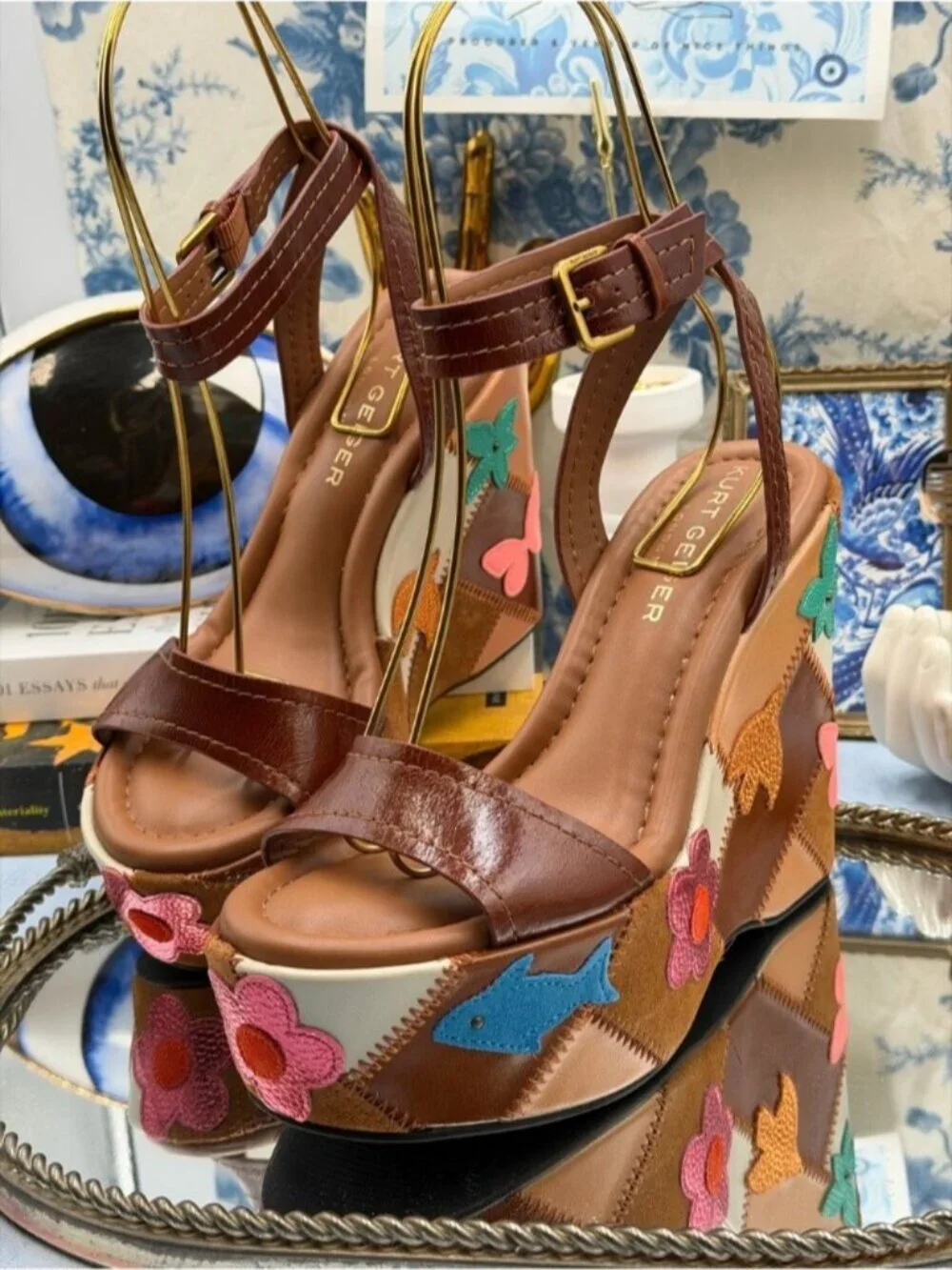 🆕 KURT GEIGER LONDON 🧿 NWOB Patchwork Platform Wedge Heel, Brown - Sz 37 US 7